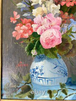 Antique Painting /oil On A Canvas. Large Bouquet Of Flowers / Blue Vase