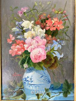 Antique Painting /oil On A Canvas. Large Bouquet Of Flowers / Blue Vase