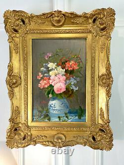 Antique Painting /oil On A Canvas. Large Bouquet Of Flowers / Blue Vase