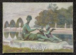 Antique Paris Landscape Painting, Versailles Garden Park, Woman, Art Deco, 1900