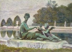 Antique Paris Landscape Painting, Versailles Garden Park, Woman, Art Deco, 1900