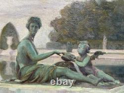 Antique Paris Landscape Painting, Versailles Garden Park, Woman, Art Deco, 1900