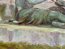 Antique Paris Landscape Painting, Versailles Garden Park, Woman, Art Deco, 1900