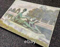 Antique Paris Landscape Painting, Versailles Garden Park, Woman, Art Deco, 1900