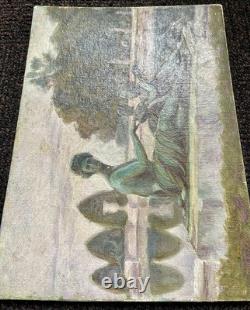 Antique Paris Landscape Painting, Versailles Garden Park, Woman, Art Deco, 1900