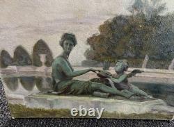 Antique Paris Landscape Painting, Versailles Garden Park, Woman, Art Deco, 1900
