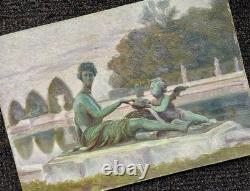 Antique Paris Landscape Painting, Versailles Garden Park, Woman, Art Deco, 1900