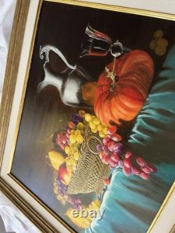 Antique Signed Oil Painting on Canvas – Still Life with Fruit – Gilded Frame