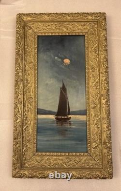 Antique nighttime marine painting, moonlight, oil on wood panel, circa 1900