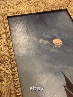 Antique nighttime marine painting, moonlight, oil on wood panel, circa 1900
