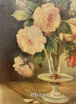 Antique oil on canvas 27x41 signed Lambert bouquet of flowers circa 1920-1940