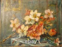 Antique oil on canvas, bouquet of flowers attributed to Edmond Staiger, 19th century