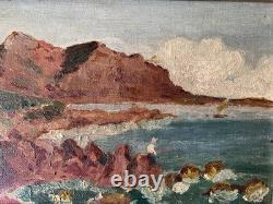 Antique oil on canvas painting, framed impressionist seascape