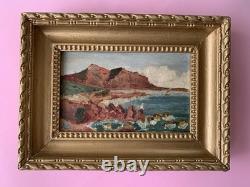Antique oil on canvas painting, framed impressionist seascape