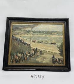 Antique oil painting on canvas signed Grosdidier, horse racing scene, framed