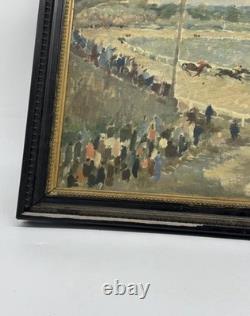 Antique oil painting on canvas signed Grosdidier, horse racing scene, framed