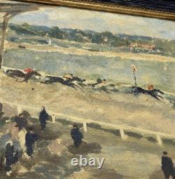 Antique oil painting on canvas signed Grosdidier, horse racing scene, framed