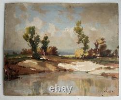 Antique oil painting on wood, signed C. Cipra, French landscape, c. 1930