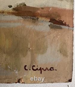 Antique oil painting on wood, signed C. Cipra, French landscape, c. 1930