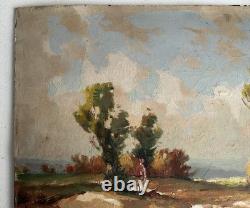 Antique oil painting on wood, signed C. Cipra, French landscape, c. 1930