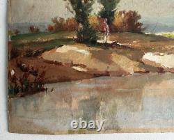 Antique oil painting on wood, signed C. Cipra, French landscape, c. 1930