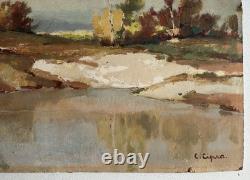 Antique oil painting on wood, signed C. Cipra, French landscape, c. 1930