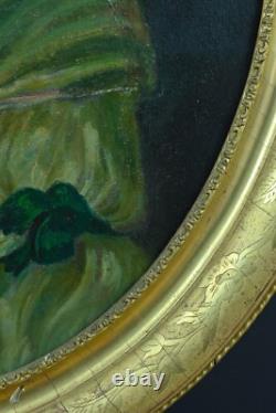 Antique oil painting portrait of a young woman, quality 18th century, oval frame, gold wood