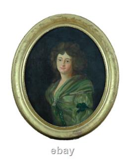 Antique oil painting portrait of a young woman, quality 18th century, oval frame, gold wood