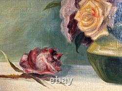 Antique painting oil on canvas signed, still life representing a bouquet