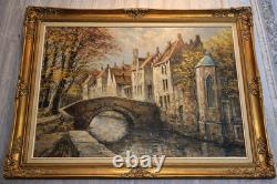 Antique painting, oil on canvas, view of a district of Bruges, 20th century