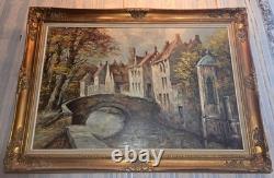 Antique painting, oil on canvas, view of a district of Bruges, 20th century