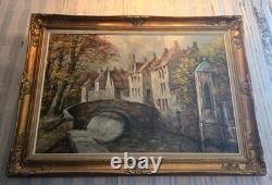 Antique painting, oil on canvas, view of a district of Bruges, 20th century