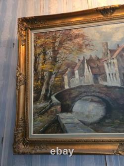 Antique painting, oil on canvas, view of a district of Bruges, 20th century
