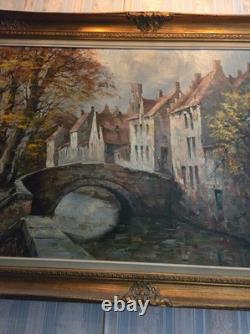 Antique painting, oil on canvas, view of a district of Bruges, 20th century