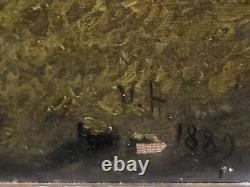Antique painting signed 1889. Riverbank oil on canvas. To be restored.