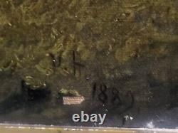 Antique painting signed 1889. Riverbank oil on canvas. To be restored.