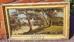 Antique painting signed 1889. Riverbank oil on canvas. To be restored.