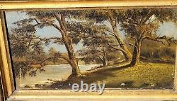 Antique painting signed 1889. Riverbank oil on canvas. To be restored.