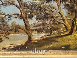 Antique painting signed 1889. Riverbank oil on canvas. To be restored.