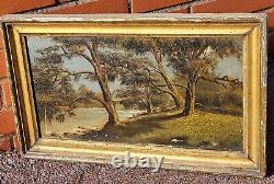Antique painting signed 1889. Riverbank oil on canvas. To be restored.