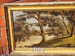 Antique painting signed 1889. Riverbank oil on canvas. To be restored.
