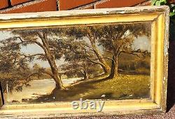 Antique painting signed 1889. Riverbank oil on canvas. To be restored.