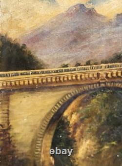 Antique painting signed. A stone bridge. Oil on canvas.