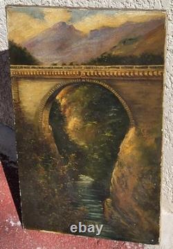 Antique painting signed. A stone bridge. Oil on canvas.