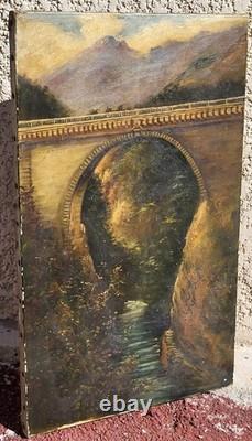 Antique painting signed. A stone bridge. Oil on canvas.