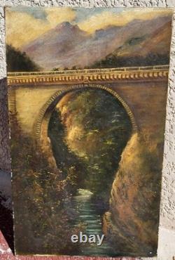 Antique painting signed. A stone bridge. Oil on canvas.