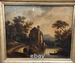 Antique painting signed. Animated Landscape. Oil on canvas in 19th century style.