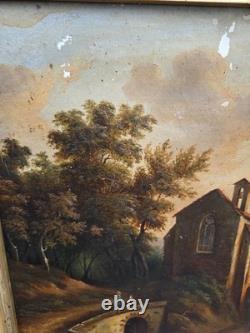 Antique painting signed. Animated Landscape. Oil on canvas in 19th century style.
