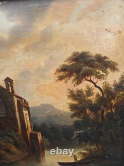 Antique painting signed. Animated Landscape. Oil on canvas in 19th century style.