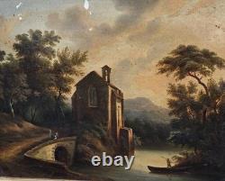 Antique painting signed. Animated Landscape. Oil on canvas in 19th century style.